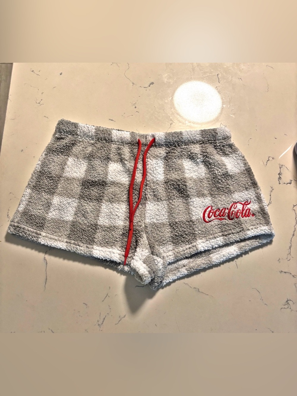 Coca Cola Gray & White Plush Checkered Women’s Lounge Shorts with Red Drawstring